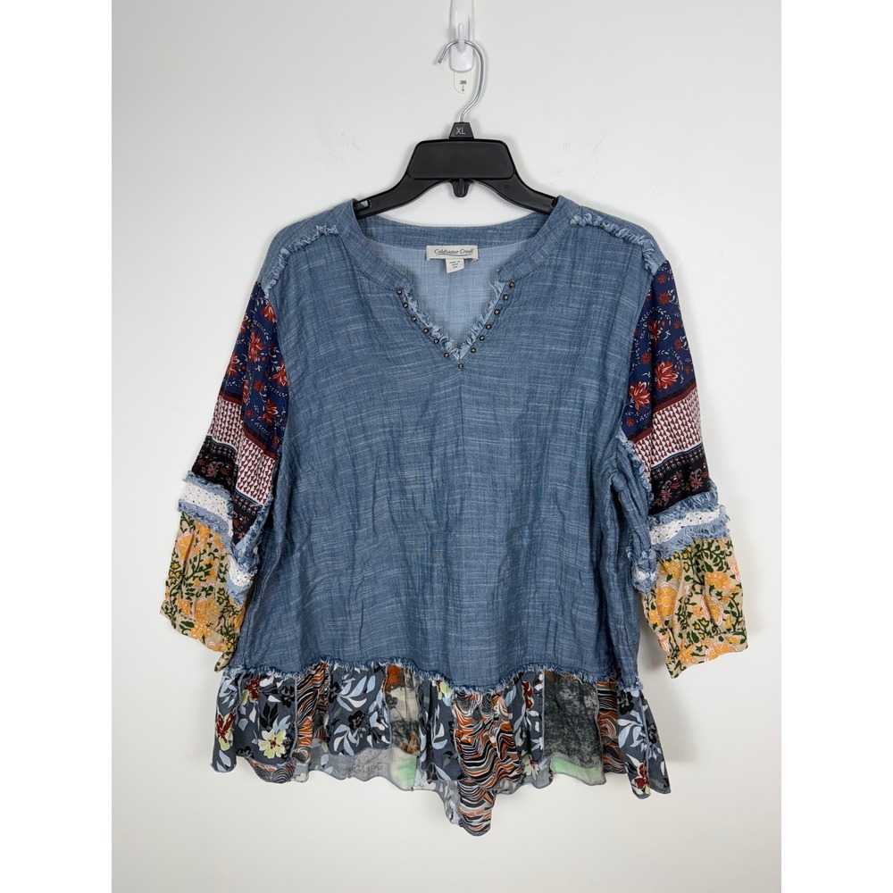Coldwater Creek Blue Chambray Patchwork Floral Mixed Media Blouse Top 2X Womens
